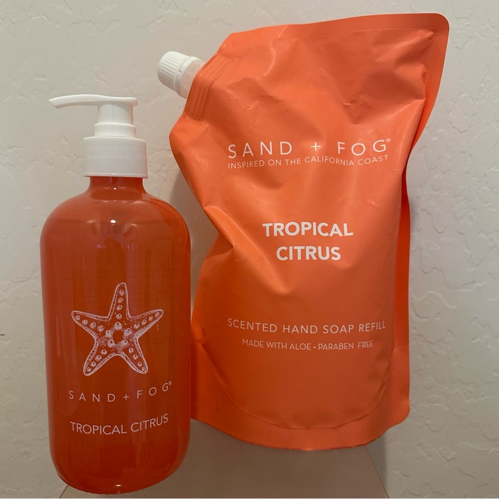 Sand and Fog Tropical Citrus Glass Hand Soap Wash, Refill Bag Bundle NEW